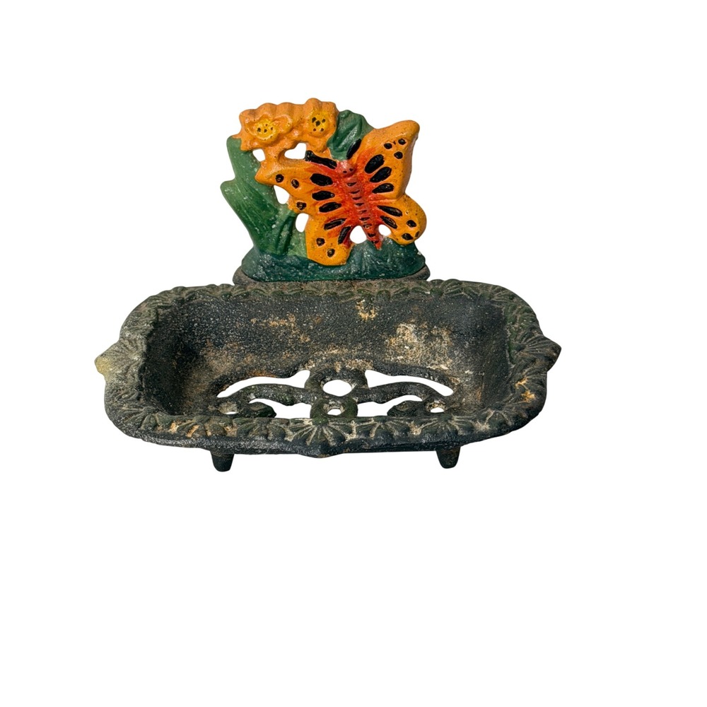 Vintage Soap Dish Primitive Black Cast Iron Butterfly Floral Rustic Vintage